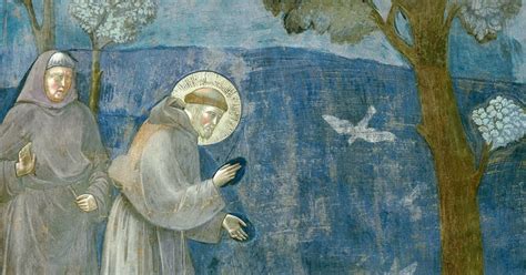 illustrazione di San Francesco che predica agli uccelli o a un gruppo di persone in un ambiente naturale