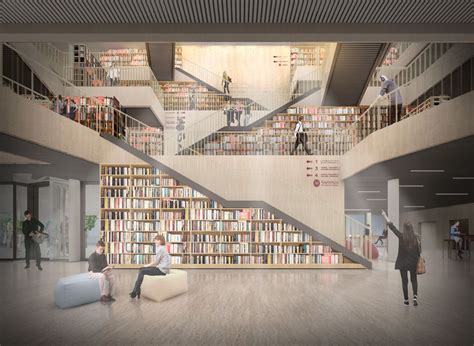 Rendering o foto della nuova biblioteca con affreschi e scaffalature moderne