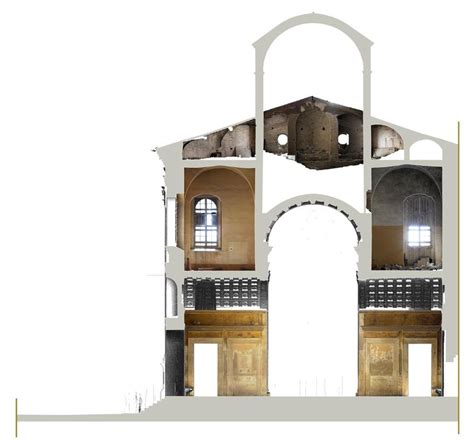 Dettaglio architettonico del pronao della chiesa con colonnine e archi