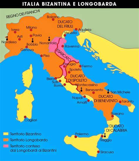 Mappa del Regno Longobardo e dei territori bizantini in Italia
