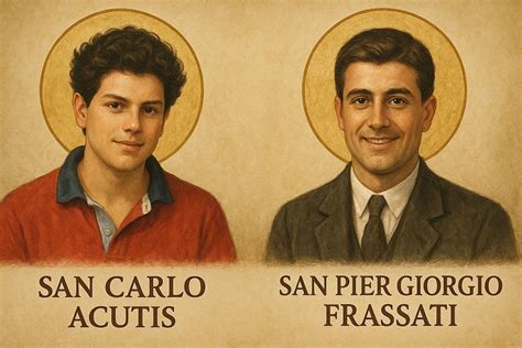 Collage di immagini che rappresentano i nuovi santi: Carlo Acutis al computer, Pier Giorgio Frassati tra i giovani, Bartolo Longo con il rosario, un medico con i poveri, un martire, una suora fondatrice.