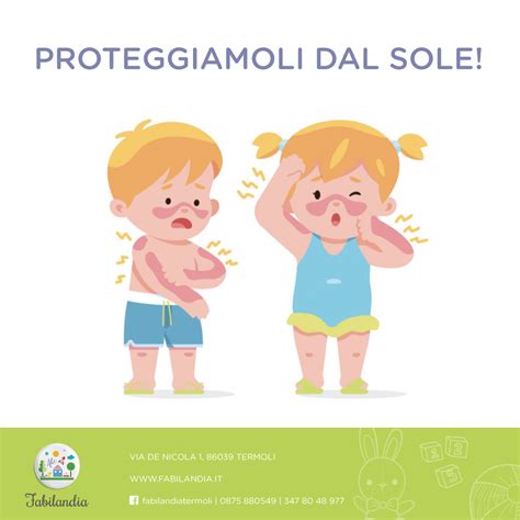 Infografica che illustra le corrette precauzioni per l'esposizione solare dei bambini, con consigli su creme solari, orari e protezione.