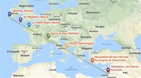 Mappa dei principali santuari micaelici in Europa, collegati dalla 
