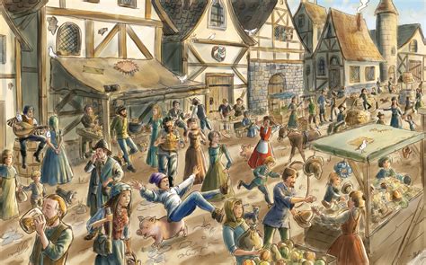 Illustrazione di un mercato medievale con bancarelle e persone in costume