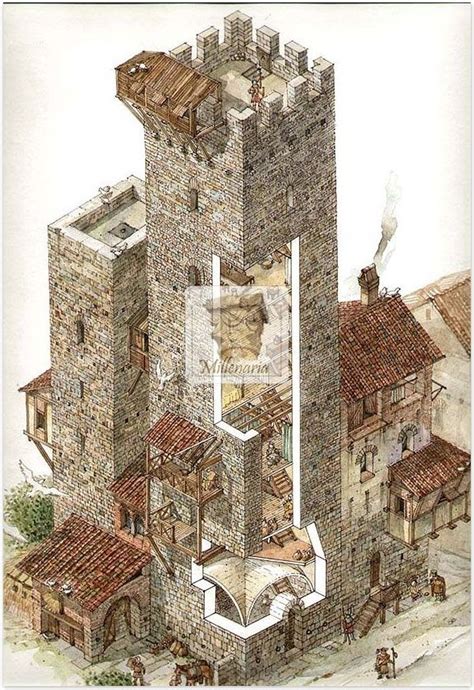 Illustrazione di una torre medievale cilindrica con merlature