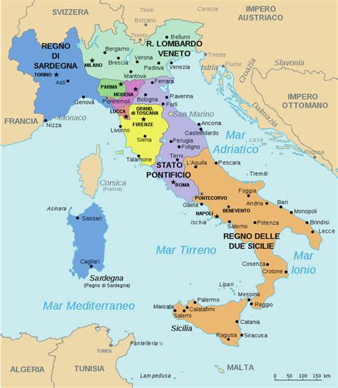Mappa degli Stati Italiani nel 1848 con evidenziate le Legazioni Pontificie