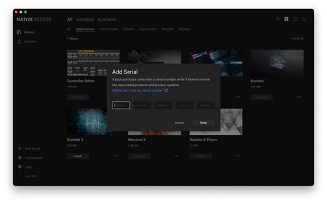 Interfaccia di Native Access con prodotti installati e filtri