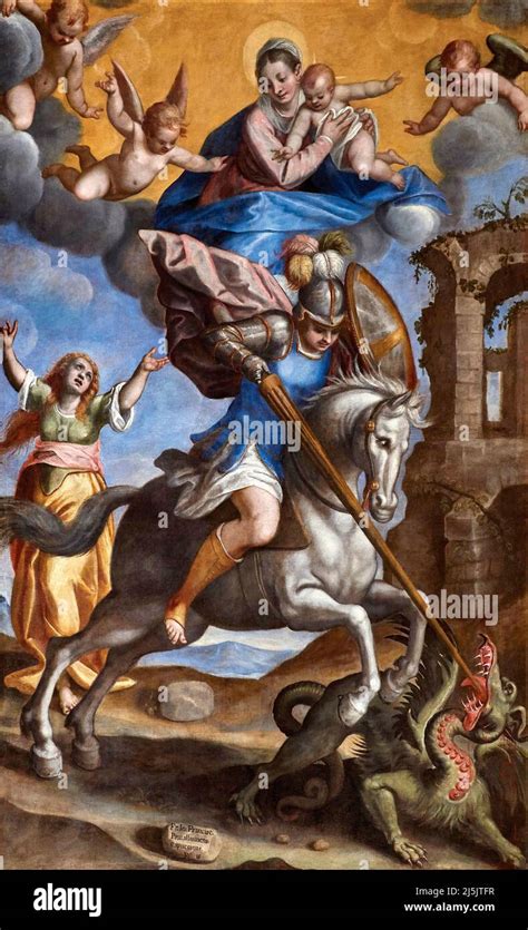 Dettaglio degli affreschi del Barbelli raffiguranti San Giorgio che uccide il drago