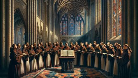 Un'illustrazione che rappresenta un coro che canta in un tempio