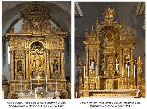 Vista generale dell'altare ligneo nel convento di Bosco ai Frati, evidenziando gli intagli e la doratura.