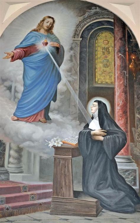 illustrazione di Santa Margherita Maria Alacoque in preghiera davanti a Gesù che mostra il suo Sacro Cuore