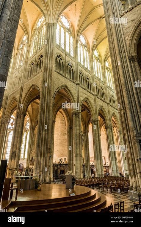 Interno della Cattedrale di Amiens con enfasi sull'altezza delle volte e sulla struttura gotica