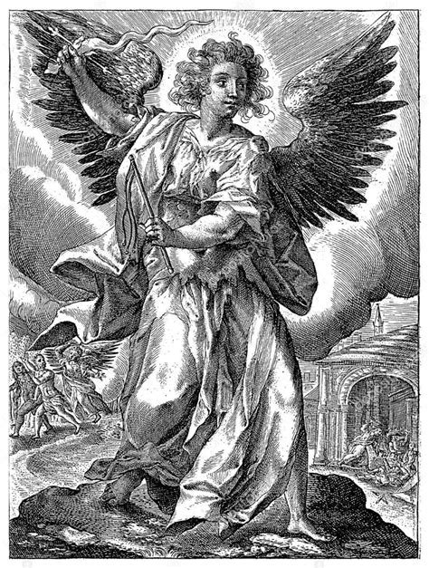 illustrazione biblica della spada fiammeggiante all'ingresso dell'Eden con cherubini