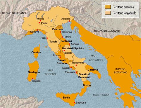 Mappa dell'Italia nel VI-VII secolo con i territori bizantini e longobardi