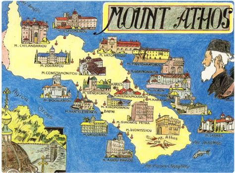 Mappa storica del Monte Athos con i monasteri principali