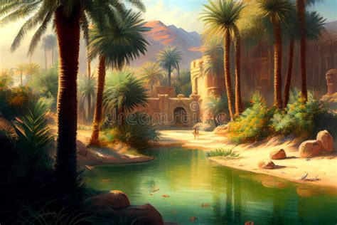 Illustrazione di un'oasi nel deserto con palme e una fonte d'acqua