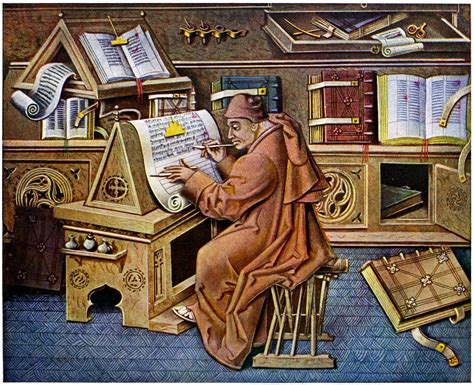 Illustrazione di un monaco intento nello studio o nella preghiera in uno scriptorium antico