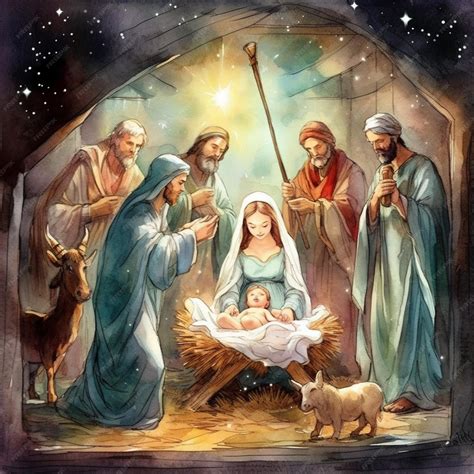 Illustrazione di una natività con Gesù Bambino in una mangiatoia, circondato dalla Vergine Maria e San Giuseppe.