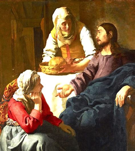 illustrazione artistica della casa di Betania con Gesù a tavola tra Marta, Maria e Lazzaro