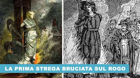 Illustrazione di una strega in catene e gabbia, pronta per il rogo, con figure storiche intorno.