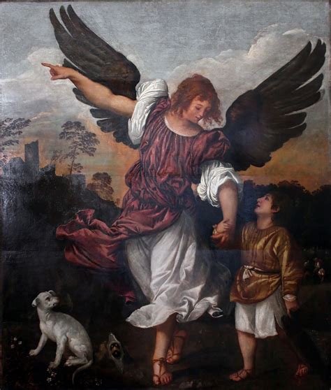 Rappresentazione pittorica dell'Arcangelo Raffaele e Tobiolo, focalizzata sull'interazione tra le due figure e il pesce.