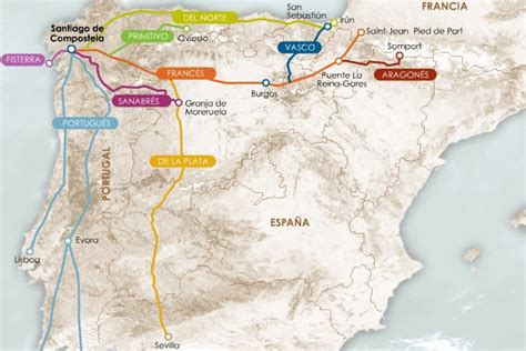 Mappa del Cammino di Santiago di Compostela con evidenziati i percorsi intrapresi dai pellegrini da Perugia