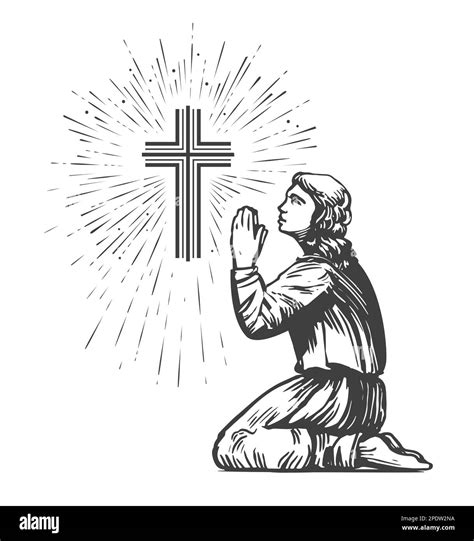 Illustrazione stilizzata di una persona che prega in un ambiente serale calmo, con simboli religiosi come una croce e un'immagine della Madonna.