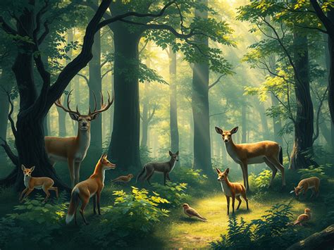 Illustrazione di fauna selvatica tipica del bosco: istrici, lepri, volpi