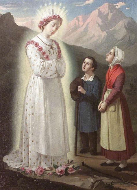 Illustrazione storica dell'apparizione della Vergine a La Salette, con i pastorelli Mélanie e Maximin.