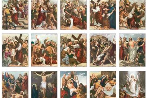 illustrazione di una Via Crucis con figure stilizzate e stazioni, o una basilica con persone in adorazione eucaristica