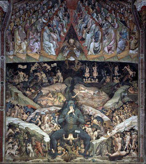 Dettaglio dell'affresco di Giovanni da Modena nella Cappella Bolognini che mostra Maometto all'Inferno, seviziato da un demone.