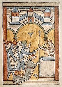 Miniatura medievale raffigurante l'assassinio di Thomas Becket nella Cattedrale di Canterbury