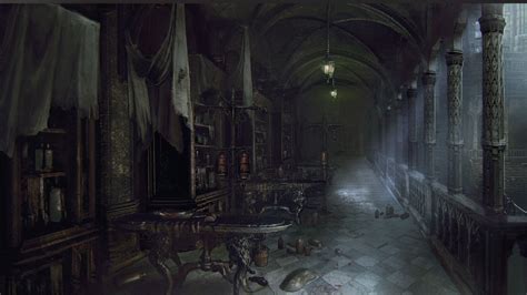 Illustrazione concettuale dell'Edificio Ricerche di Bloodborne, mostrando l'architettura gotica e un'atmosfera inquietante.