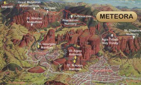 Mappa schematica dei monasteri delle Meteore e dei percorsi