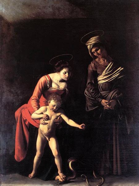Dipinto della Madonna con Gesù Bambino che schiacciano un serpente sotto i piedi, con Sant'Anna anziana accanto. Riproduzione della 