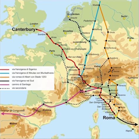 Mappa dei principali cammini di pellegrinaggio medievali in Europa, evidenziando la Via Francigena e la Via Micaelica