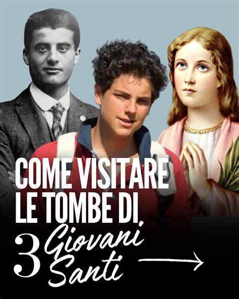 Infografica con i volti stilizzati di santi moderni come Carlo Acutis e Chiara Badano