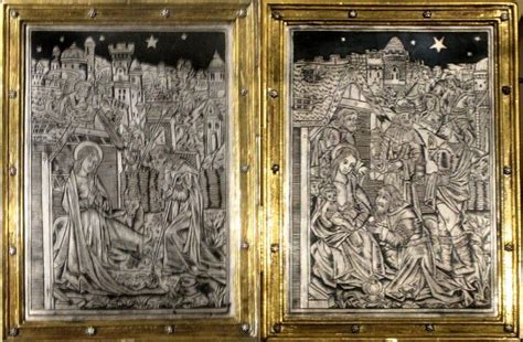 Dittico parigino del XVI secolo con Natività e Adorazione, in argento niellato