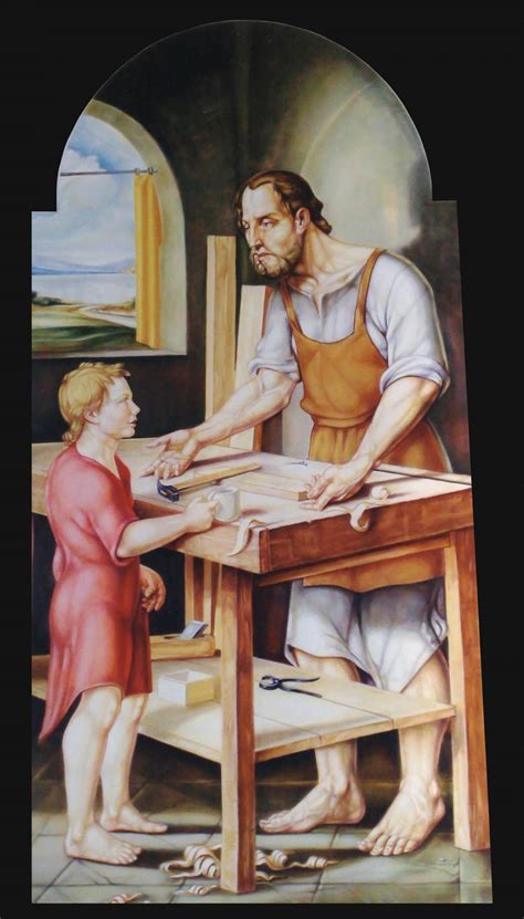 Illustrazione di Giuseppe che lavora nella sua bottega di carpentiere