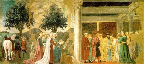 La Regina di Saba si inginocchia davanti al legno del ponte, affresco di Piero della Francesca