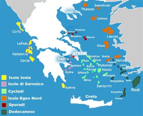 Mappa dell'antica Grecia con evidenziate le isole dell'Egeo e la regione di Taranto