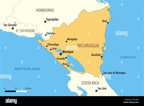 Mappa del Nicaragua con le principali diocesi evidenziate