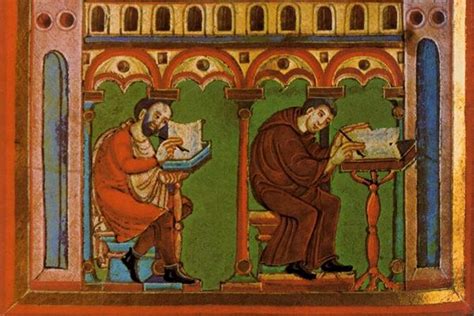 Scena di amanuensi medievali che copiano testi sacri e classici