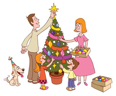 illustrazione di una famiglia che decora l'albero di Natale