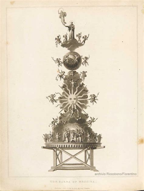 Disegno della Vara di Messina con le sue diverse piattaforme e decorazioni, che illustra l'Assunzione della Vergine Maria