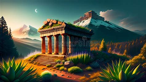 Illustrazione di un antico tempio hawaiano con offerte e onde