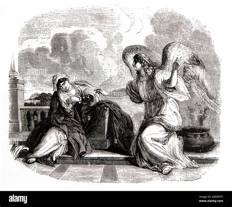 illustrazione biblica di Manoa e sua moglie che ricevono la visita dell'angelo del Signore, con lo sfondo di un paesaggio antico