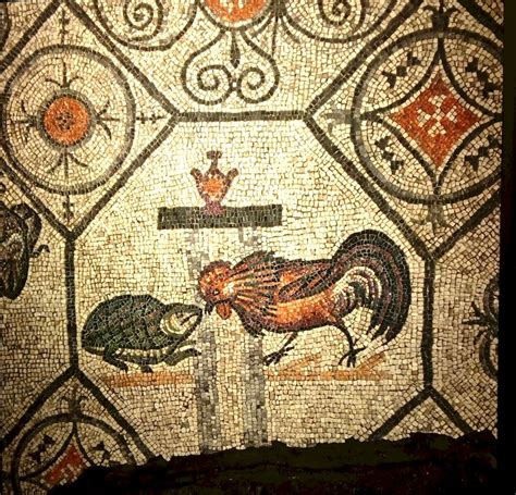 Mosaico raffigurante il combattimento tra il gallo e la tartaruga