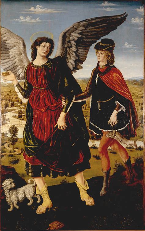 Illustrazione storica o iconografia classica che ritrae l'Arcangelo Raffaele con il giovane Tobia durante il viaggio
