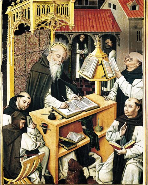 Illustrazione di monaci cistercensi al lavoro nello scriptorium